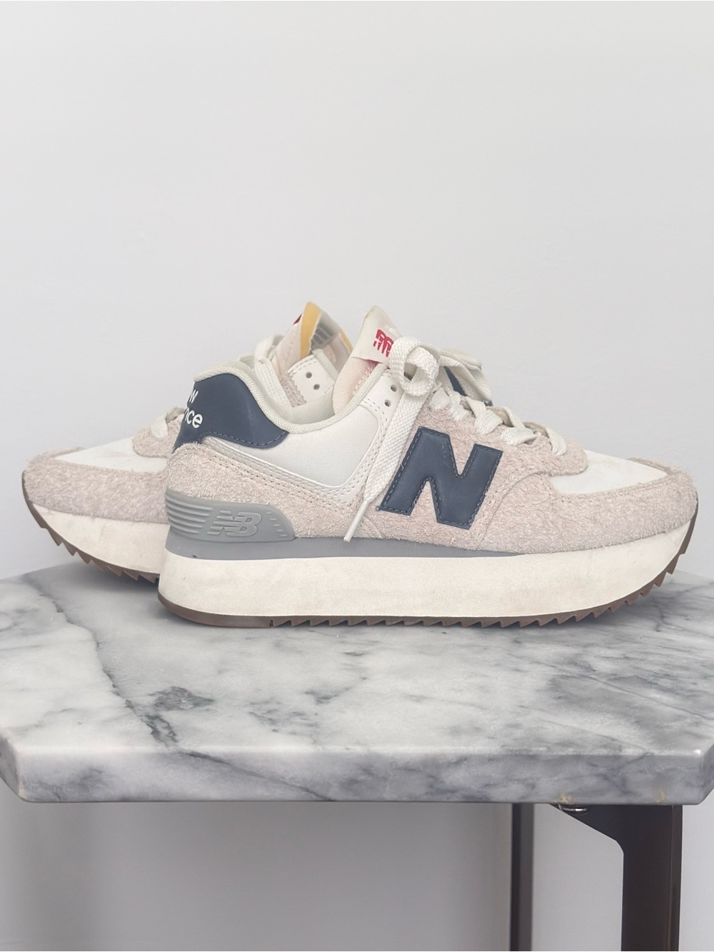 New Balance Suede Beige and Navy 574 Style Platform Sneakers